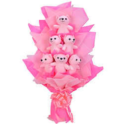 Exclusive Assemblage of Six Pink Teddies in a Bouquet