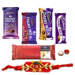 Attractive Selection of Chocolates from Cadburys with Rakhi Roli Tilak and Chawal