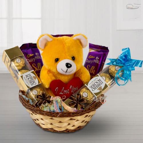 Delightful Chocolates with Love Teddy in a Basket