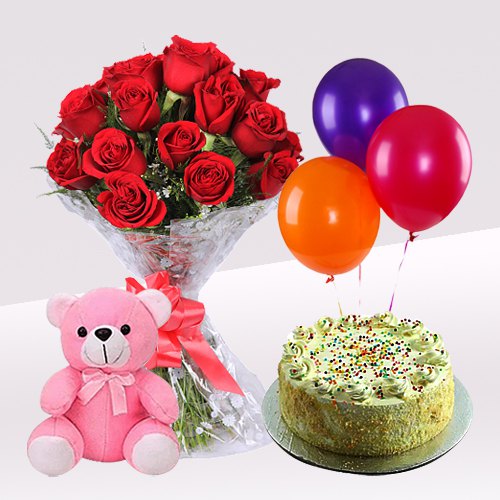 Teddy with Vanilla Cake, Roses Bunch N Balloons