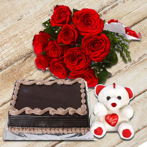 Gorgeous Roses Bunch with Chocolate Cake   Teddy