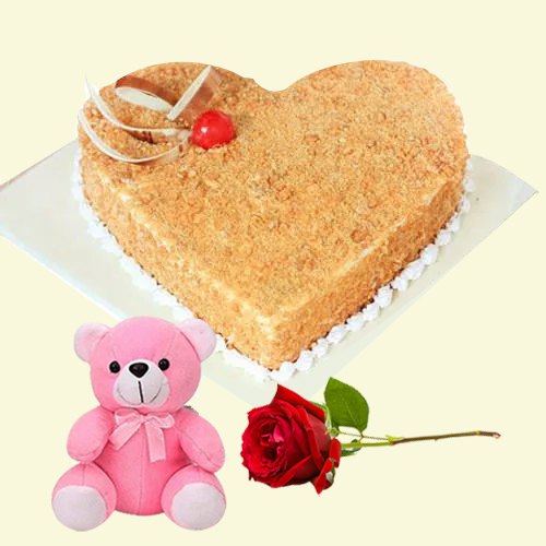 Luscious Heart Shaped Butter Scotch Cake with Red Rose