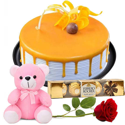 Delicious Ferrero Rocher with Rose Eggless Butterscotch Cake N Teddy