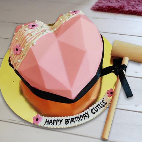 Marvelous Pink Heart Shape Pinata Cake with Hammer
