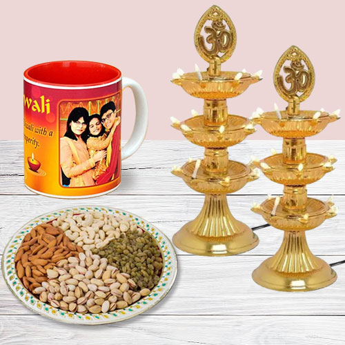 Special Personalized Photo Mug with Dry Fruits n Diya Lamp Pair for Diwali