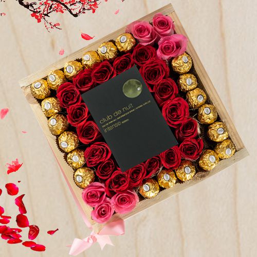 Amazing Valentine Gift of Ferrero Rocher Chocolates Club Nuit Perfume n Roses for Fiancee