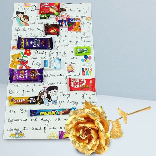 Classy Combo of Chocolate Message Card with Assorted Chocolates n Golden Rose