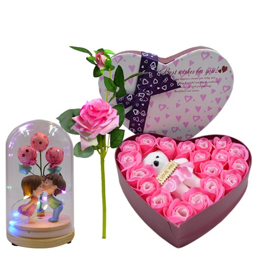 Lovely Gift Trio of Roses N Teddy Box with Couple Showpiece N Pink Rose Stick