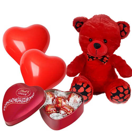 Best V-Day Gift of Red Teddy with Lindt Lindor N Red Heart Shape Balloons