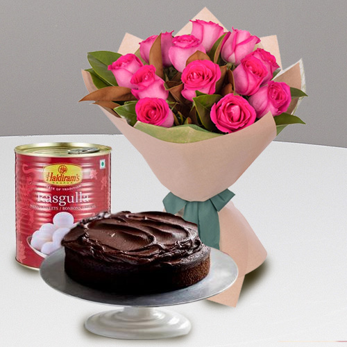 12 Gorgeous Red Roses and Haldiram Rasgulla with Eggless Cake