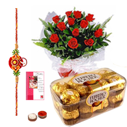 Stunning Combo Gift of Ferrero Rocher Chocolates and Basket of Roses with Free Rakhi Roli Tika and Chawal for your Dear Brother