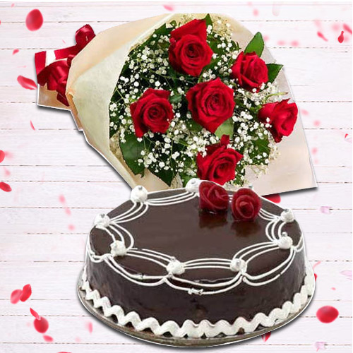 Vibrant Red Rose Corsage and Chocolate Cake
