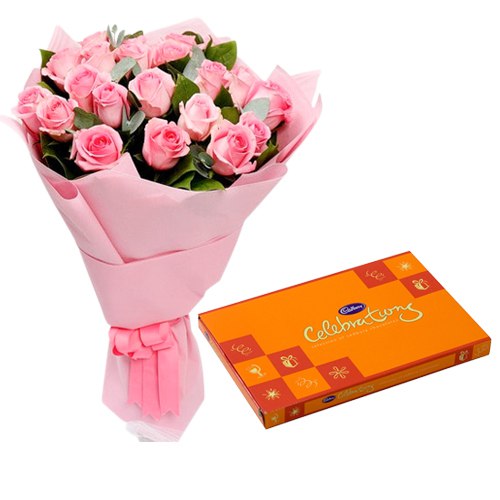 Cadbury Celebrations Pack with Pink Roses Bunch