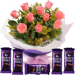 Pink Rose Bouquet with Cadbury Dairy Milk Chocolates