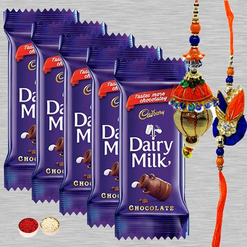 5 Cadbury Dairy Milk Chocolates (13gm bar) with 1 Bhaiya Bhabhi Rakhi