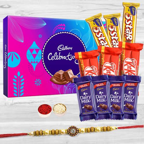 Cadbury Celebration Pack with 1 Rakhi, Assorted Chocolates (4pcs Cadbury Dairy Milk (13gm), 3 pcs Nestle KitKat, 3pcs Cadbury Five Star) and a Free Rakhi Card