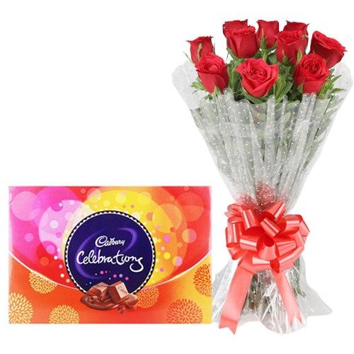 Beautiful Bouquet of Red Roses and Cadbury Celebrations
