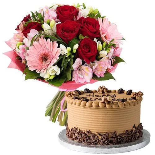 Captivating Bouquet of Mixed Flowers with Coffee Cake