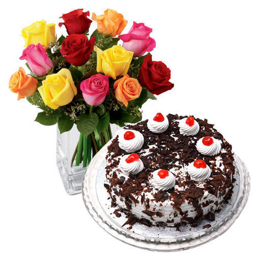 Majestic mixed Roses with mouth watering Black Forest from 5 Star Bakery
