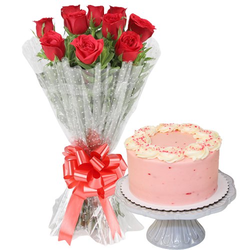 Classic Birthday Strawberry Cake with Rose Bouquet