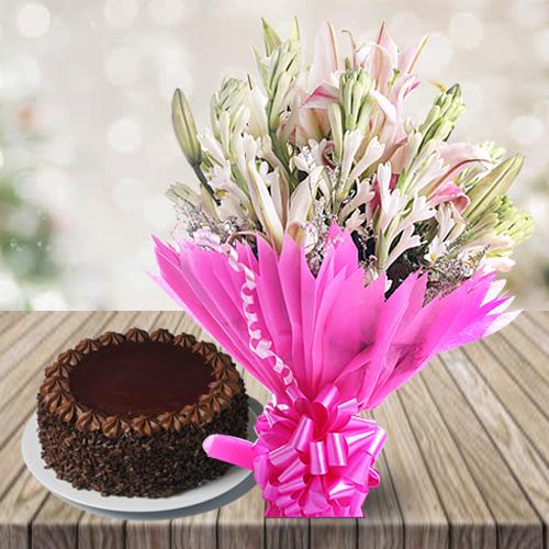 Wonderful Lilies N Gladiolus Bouquet with Chocolate Cake