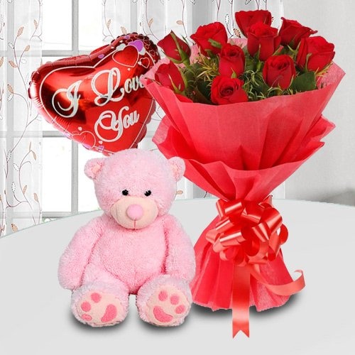 Exquisite Gift of Roses, Teddy Bear and Balloons