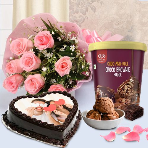 Lovely Pink Roses with Kwality Walls Choco Brownie Ice Cream n Love Photo Cake