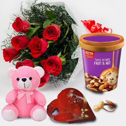Lovely Roses with Kwality Walls Fruit n Nut Ice Cream Teddy n Handmade Love Chocolate
