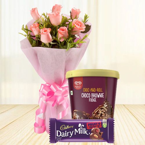 Enigmatic Rose with Kwality Walls Choco Brownie Ice Cream n Cadbury Dairy Milk