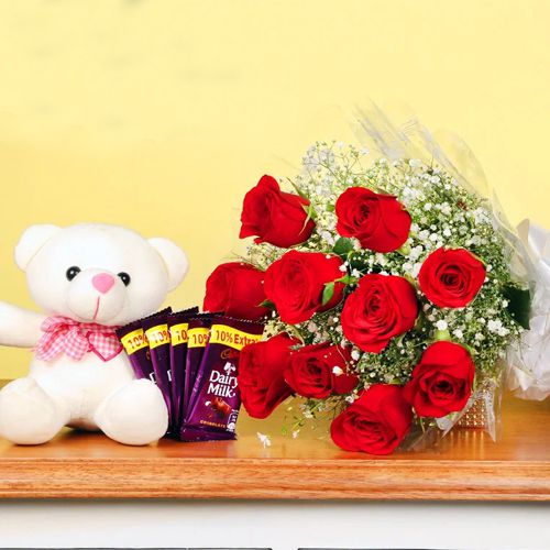 Exotic Roses Bunch with Chocolates N Teddy