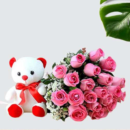 Beautiful Pink Roses Bouquet with Red n White Teddy Combo
