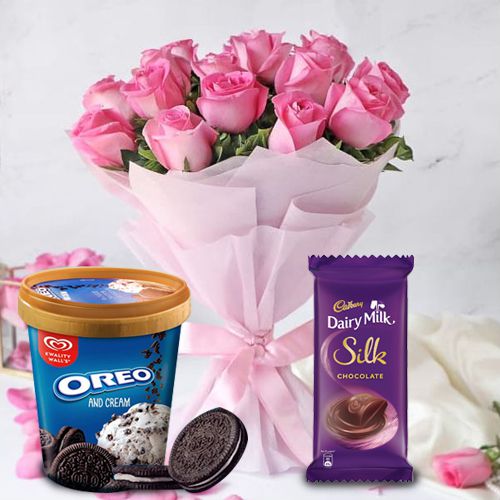 Special Pink Roses Bouquet with Kwality Walls Oreo Ice Cream n Cadbury Chocolate