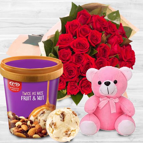 Captivating Red Roses Bouquet with Kwality Walls Twin Flavor Ice Cream n Teddy