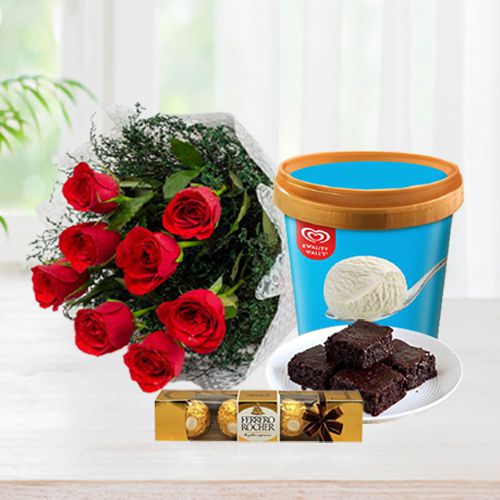 Mesmerizing Red Roses n Kwality Walls Vanilla Ice Cream with Brownie n Ferrero Rocher
