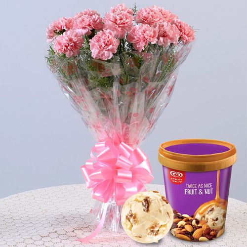 Divine Pink Carnations Bouquet with Fruit n Nut Ice-Cream from Kwality Walls