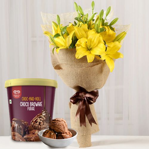 Bright Yellow Lily Bouquet with Kwality Walls Choco Brownie Fudge Ice Cream