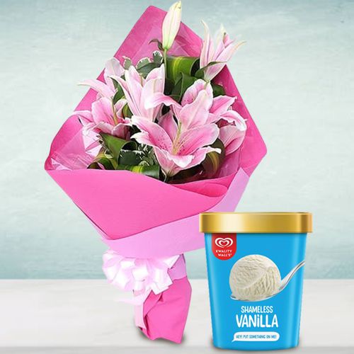 Gorgeous Pink Lily Bouquet with Vanilla Ice Cream from Kwality Walls