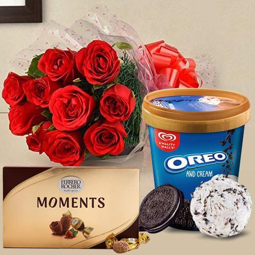 Exotic Red Roses with Kwality Walls Ice Cream N Ferrero Rocher Moments