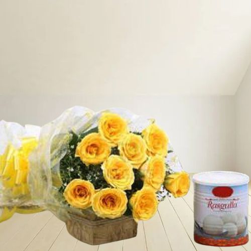 Classic Bouquet of Yellow Roses with Pack of Haldiram Rasgulla