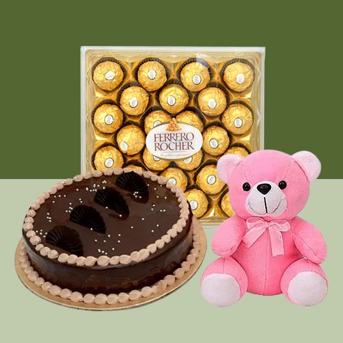 Remarkable Combo of Ferrero Rocher N Chocolate Cake with Cute Teddy