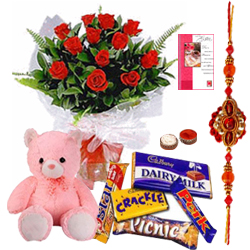 Stylish Compilation of Sweet Teddy, Assorted Cadbury Chocolates N Red Rose Bunch with Free Rakhi, Roli Tilak and Chawal for your Caring Brother