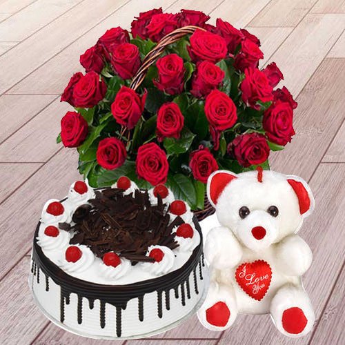 Eye-catching Red Roses with Tasty Cake and Teddy