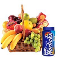 Delicious Fruits Basket with Horlicks and Biscuits