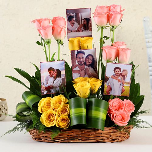 Vibrant Love Combo of Personalized Photo N Mixed Roses Basket Arrangement