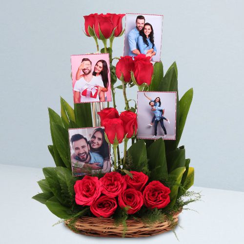 Dazzling Red Roses N Personalized Photos Basket Arrangement