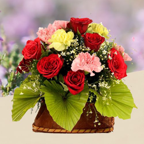 Precious Garden of Roses n Carnations in Basket 	