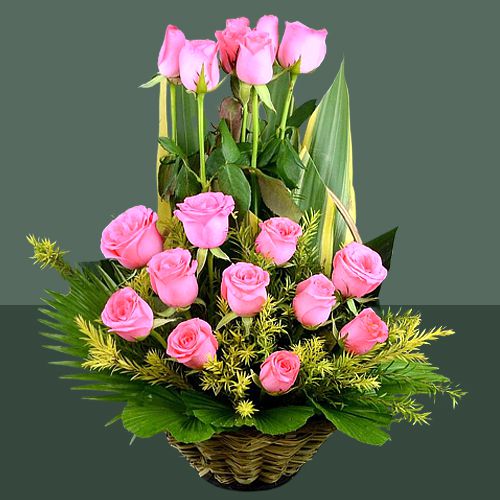 Delightful Pink Roses in Basket	