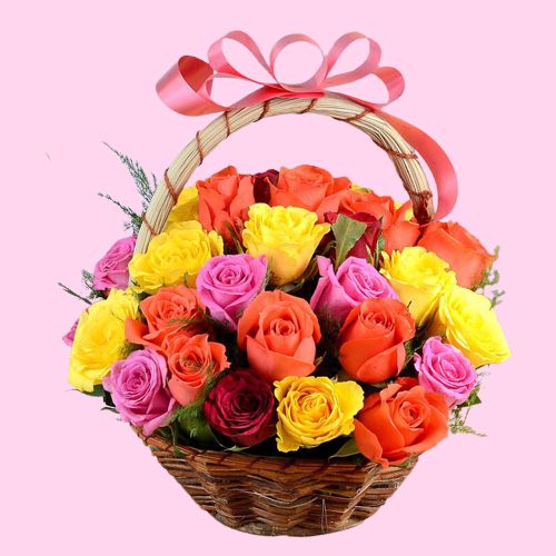 Divine Collection of Mixed Roses in a Basket	