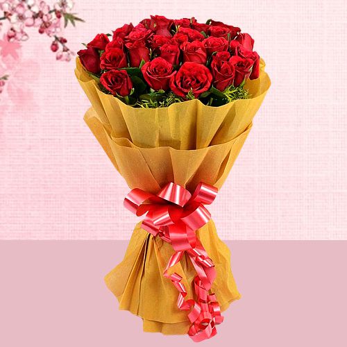 Special Golden Net Covered Long Stem Red Roses Bouquet