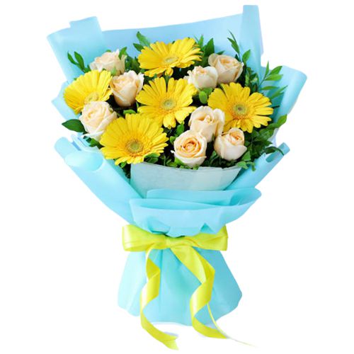 Exotic Tissue Wrapped Yellow Gerberas N White Roses Bouquet